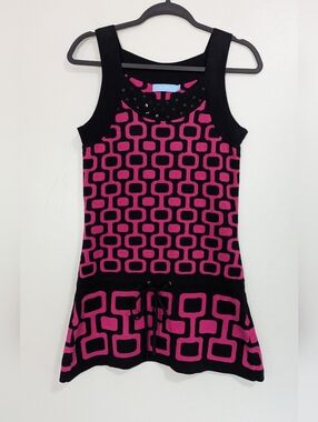 Urchin Pink Black 60s Style Geometric Knit Tunic Mini Dress Size Medium